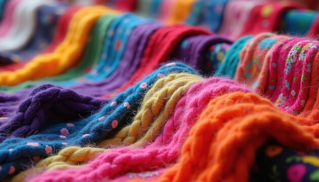 Pile of colorful knit socks stacked on display rack. Rainbow assortment of soft woolen leg wear for winter season. Warm clothing patterns with dots, stripes in retail market. Vibrant textile textures
