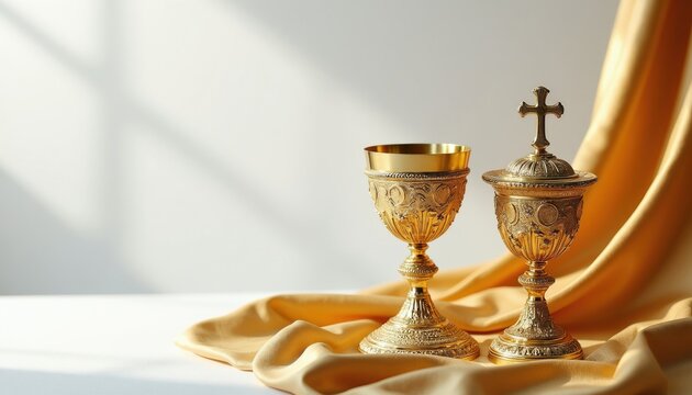 Ornate gold chalice and ciborium with cross sit on white surface. Golden satin fabric drapes, reflecting soft light. Sacred objects for religious ceremony or display.