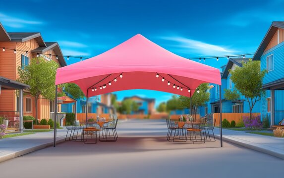 Outdoor pink canopy tent setup on residential street with dining tables and string lights