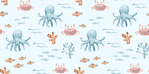 sea ​​watercolor seamless pattern, sea animals, corals crab jellyfish fish, background © WatercolorDigitalArt
