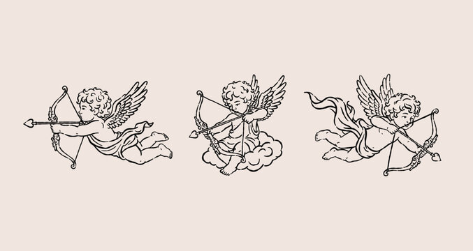 Hand drawn vintage cupid angels with bow and arrow. Monochrome cherub outline sketches for romantic Valentine's Day cards. Vector elements for aesthetic English estate fantasy wedding whimsical design