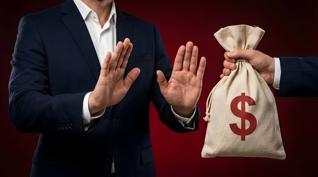 Corporate ethics and anti-corruption concept with businessman refusing bribe of money bag with red dollar sign