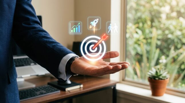 Businessman holding target with rocket and graph icons near office window