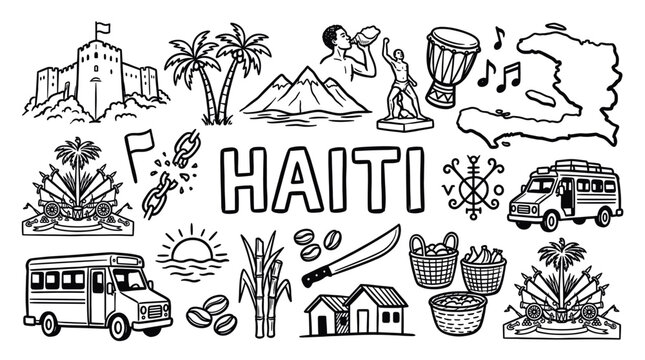 Haiti Cultural Symbols in Black and White Hand Drawn Doodle Illustration Style