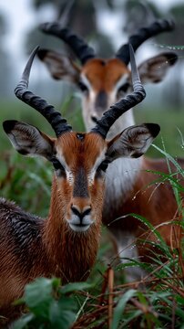 Two gazelles gaze intently through damp grass, with the soft background framing their striking horns. Wildlife conservation nature photography ecosystem biodiversity rainforest savannah.