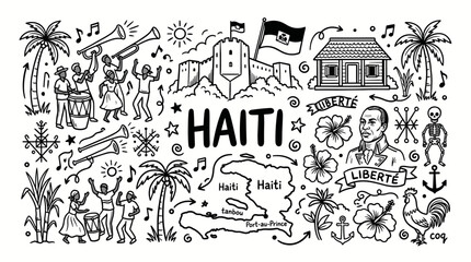 Fototapeta premium Haiti Cultural Symbols in Black and White Hand Drawn Doodle Illustration Style