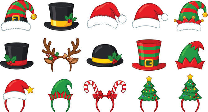 Christmas Hats and Headbands Set with Santa Hat Elf Hat Reindeer Antler and Candy Cane Holiday Costume Vector Illustration