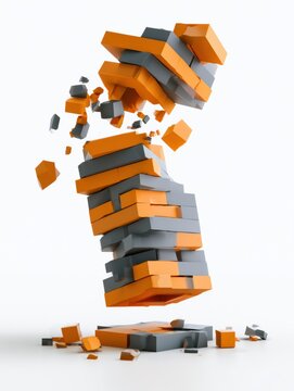 Geometric Blocks Stack Falling With Pieces Floating Around in a Colorful Scene of Orange and Gray on a White Background