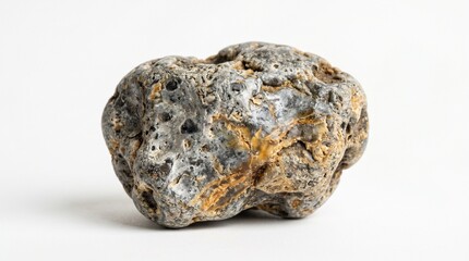 Obraz premium Macro close up studio shot of rare chunk of aged gray ambergris with rich waxy textures and irregular mottled silver grey shades isolated on pristine pure white solid background layout object