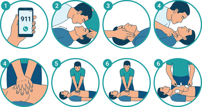 CPR first aid instructions set, emergency life saving procedure icons, cardiopulmonary resuscitation steps for medical training, flat vector illustration