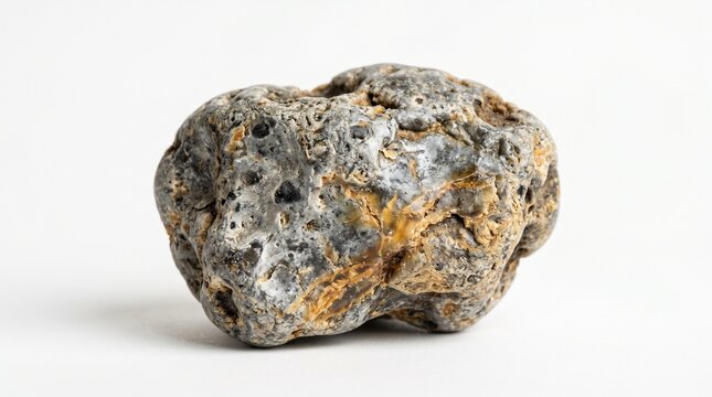 Macro close up studio shot of rare chunk of aged gray ambergris with rich waxy textures and irregular mottled silver grey shades isolated on pristine pure white solid background layout object