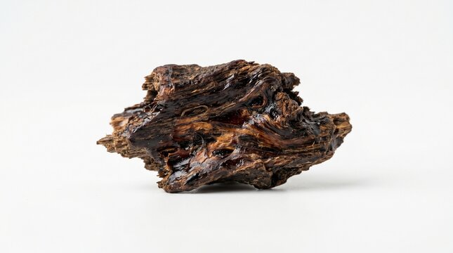 Macro detailed view of rare small piece of premium dark agarwood oud chip deeply saturated with dark glossy balsamic resin and irregular black brown veins isolated on pure white background layout