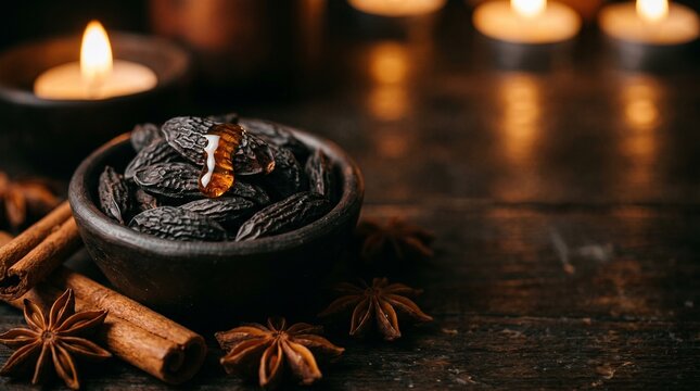 Close up view of dark wrinkled tonka beans inside handmade clay bowl next to raw cinnamon sticks and star anise with glistening caramel drop moody wooden table candlelight bokeh background