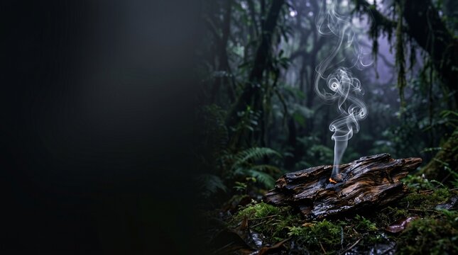 Conceptual art view of raw resinous agarwood oud with elegant spiral of white aromatic smoke on wet mossy surface with misty mysterious tropical rainforest under twilight sky background layout