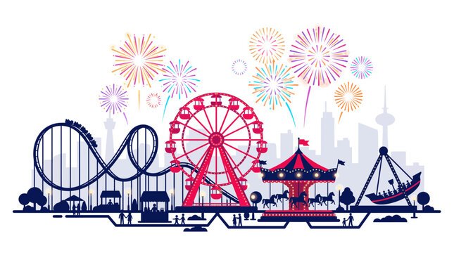 Vibrant amusement park silhouette featuring a red ferris wheel, roller coaster and carousel under fireworks against a city skyline, representing summer vacation and illustrating leisure