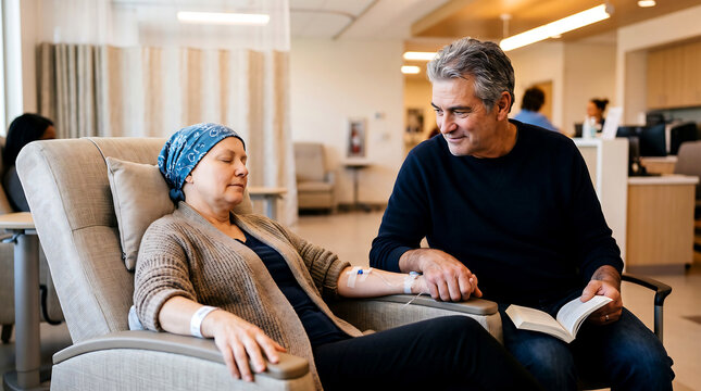 Caring husband holds his wife&rsquo;s hand while she rests during a chemotherapy infusion medical treatment session