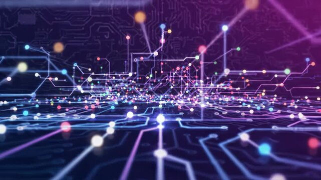 Abstract technology background with glowing colorful nodes and circuit lines
