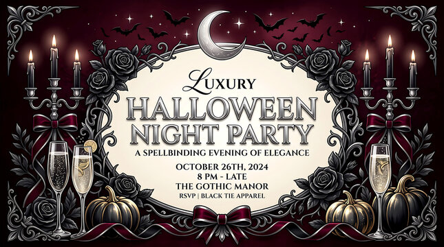 Elegant luxury halloween party invitation featuring dark roses silver candelabras champagne glasses and gothic ornate frames