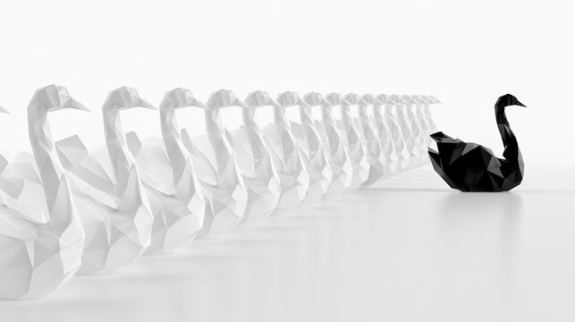 Low Poly 3D Geometric Illustration of Black Swan Among White Geometric Bird Shapes on a White Background