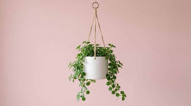 A lush green trailing plant in a white ceramic pot hanging against a minimalist pink background.