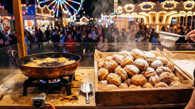 Fresh fried malasada doughnuts. Sugary carnival treats in a food stall. Sweet fairground snacks.