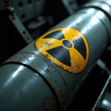 Closeup of a missile with a yellow and black radioactive hazard symbol. Metal casing shows rust and wear, indicating age and potential danger. This weapon represents immense power and threat.