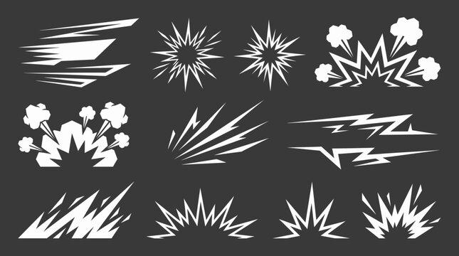 Collection of white comic book explosion and speed line action effects set on a dark background, representing action scene dynamic motion and illustrating graphic novel visual storytelling