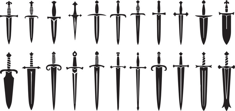 Collection of medieval swords and daggers silhouetted on transparent background isolated antique weapon set ancient blade.