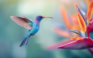 Obraz premium Vivid blue hummingbird hovering near tropical bird of paradise flower in nature