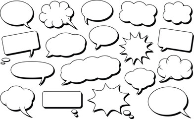 Fototapeta premium Assorted speech bubbles and thought balloons in a clean white design with black outlines for communication concepts