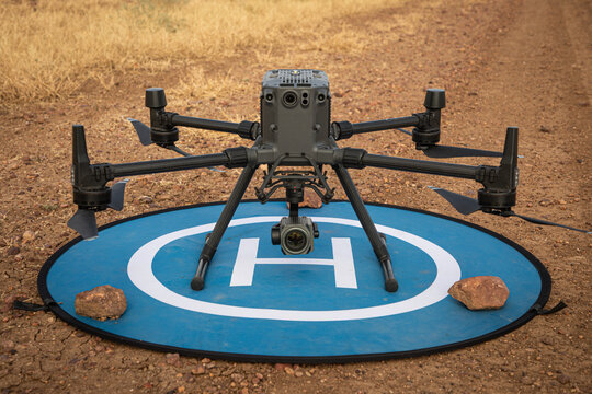 Agricultural drone on a landing mat