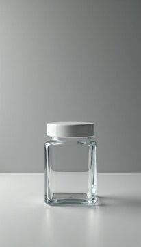 Clear glass jar with white lid stands on gray surface. Empty transparent container sits against plain background. Modern simple object design looks clean, minimalist. Square shape bottle offers
