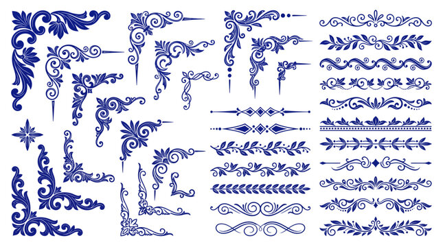 Collection of blue vintage floral corner ornaments and horizontal decorative border dividers isolated on white background, symbolizing elegant tile patterns and illustrating classic decorations