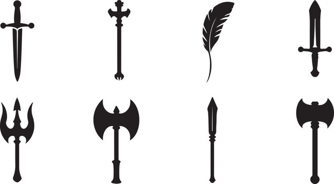 Medieval weapon silhouettes including swords axes trident spear and feather pen representing historical combat and ancient writing.