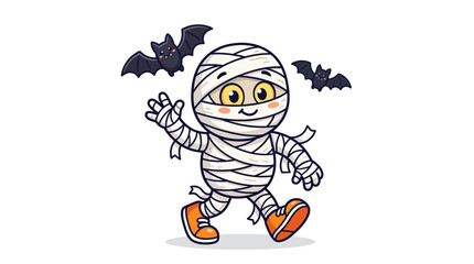 Obraz premium Cute Cartoon Halloween Mummy Character Walking and Waving with Bats