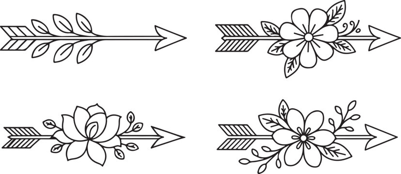 Set of four rustic arrow motifs decorated with different floral patterns for bohemian style stationery scrapbooking or crafting.