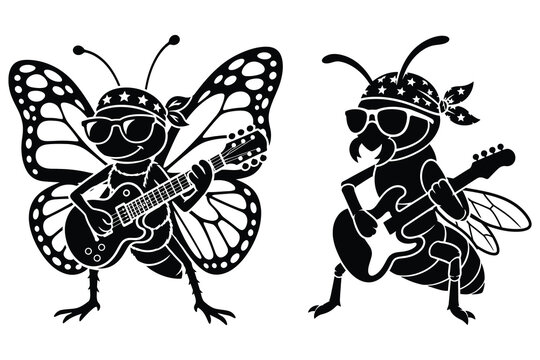 Black and white silhouette of butterfly and bee characters playing electric guitars