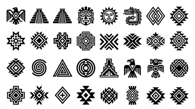 Large collection of black aztec and mayan tribal symbols featuring pyramids eagle and geometric ethnic ornaments on white, symbolizing cultural heritage and representing professional branding