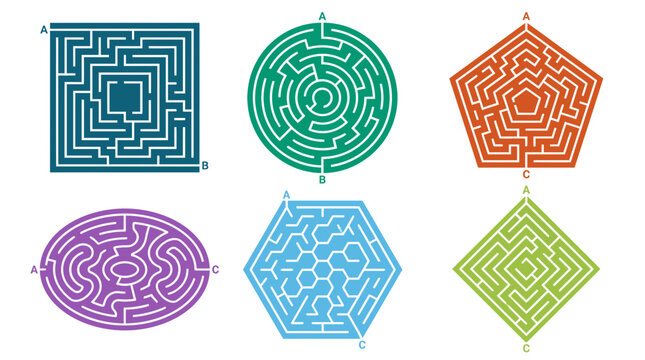 Set of six colorful geometric maze puzzles in square, circle, pentagon, oval, hexagon and diamond shapes, Represents logical thinking and symbolizes problem solving in educational materials