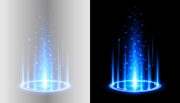 Blue light beam png overlay with glowing energy portal and magical particles, on transparent background