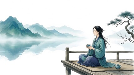 Fototapeta premium Artistic illustration of scenic nature with mountains and a lake