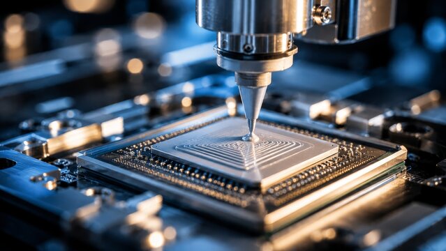 Automated precision dispenser applying thermal paste onto a high tech computer microchip processor