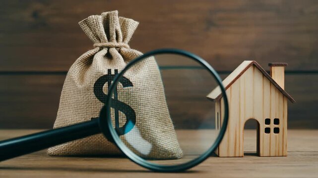 Money bag with dollar sign and house with magnifying glass examining finances on wooden background cinematic