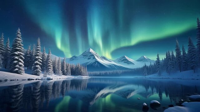 Northern Lights dancing above a serene winter landscape with snow-covered trees and a reflective lake during twilight