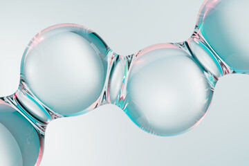 Abstract transparent molecular structure with glossy glass spheres on a clean background. Futuristic skincare, collagen, hyaluronic acid and cosmetic serum concept, 3D render with copy space. © Iana Kunitsa