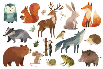Watercolor woodland animals. Set of hand drawn wild forest animals. Fox, bear, owl, wolf, mouse, reindeer, hare. © Hanna ArtLab