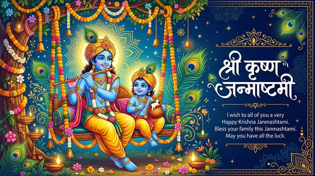 Celebrating happy Janmashtami festival of India with illustration of Lord Krishna and dahi handi competition with text in Hindi meaning 'Krishan Janmashtami'- vector background