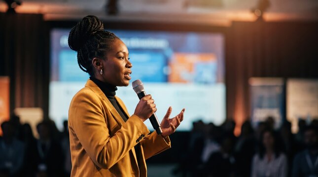 Generative AI, Black businesswoman speaking with a microphone at a professional conference event