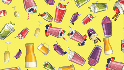 Seamless Vector Pattern of Fruit Smoothies and Milkshakes on Yellow Background © GraphicsRF