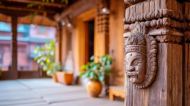 Detailed Newari Carved Wooden Strut with Vivid Design in Traditional Architecture